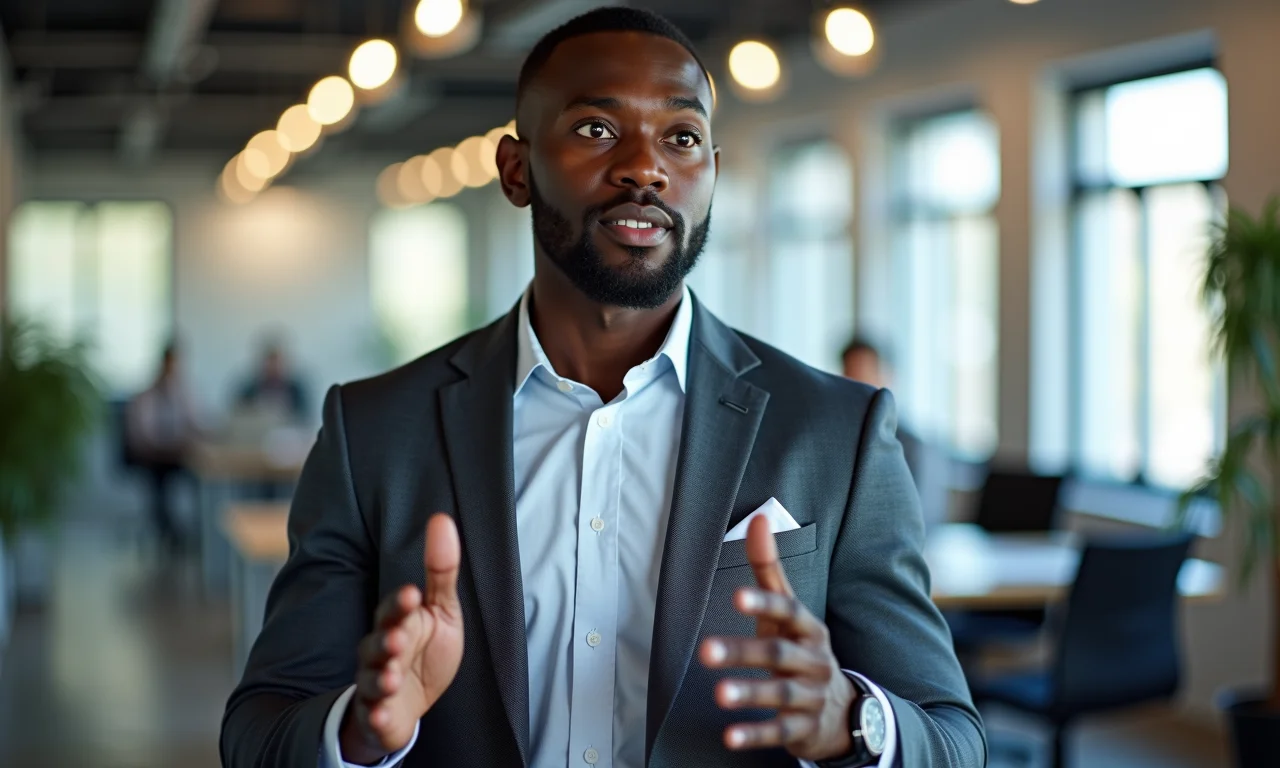 Homem negro confiante liderando reunião em ambiente de trabalho moderno.