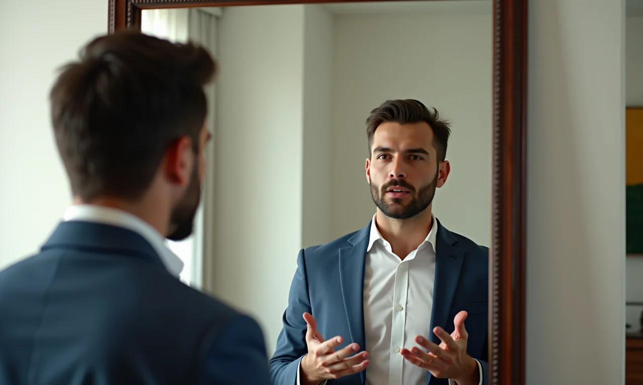 Homem praticando discurso em frente ao espelho, focado na postura e expressão.