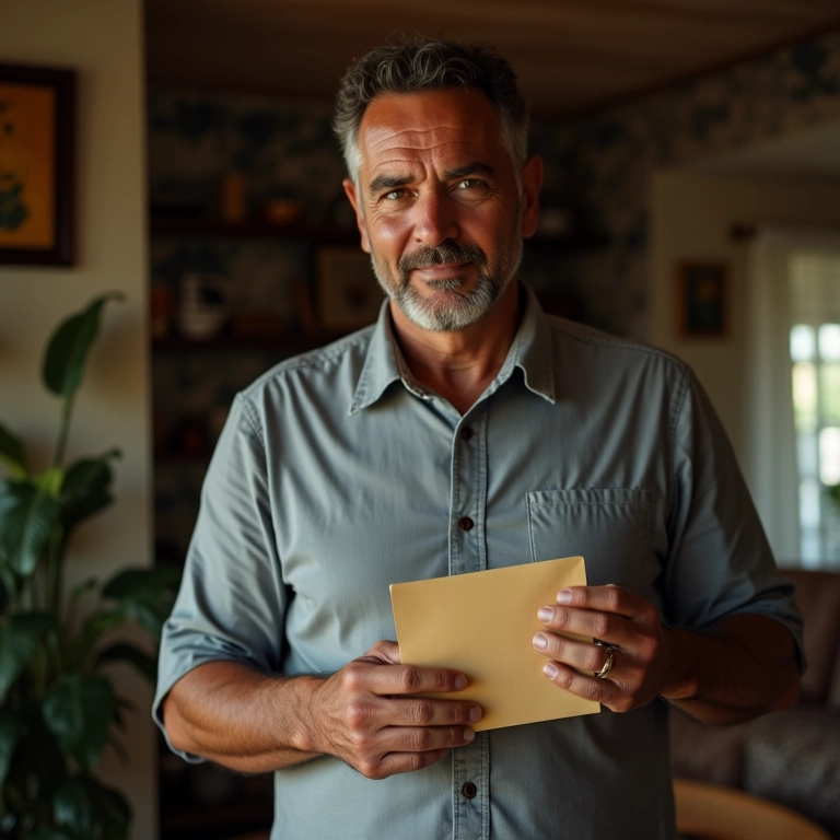 Homem segurando envelope lacrado de testamento cerrado em sala.