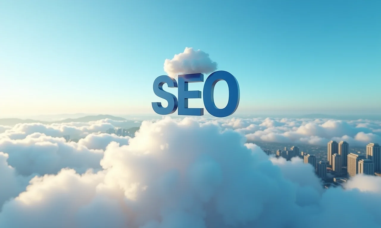 Ícone de SEO elevando um site nas nuvens, simbolizando o aumento de performance.