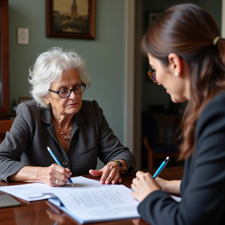Idosa assinando testamento público em cartório com advogado.