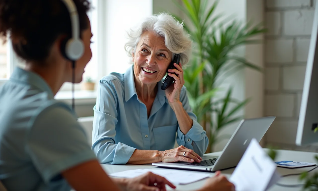 Idosa brasileira recebendo assistência por telefone de um atendente da Caixa sobre o PIS/PASEP.