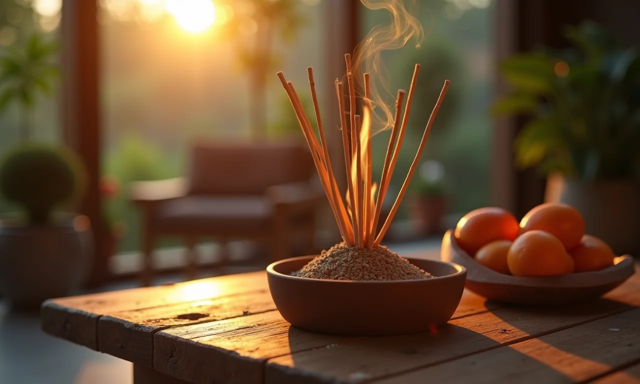Incenso aromático queimando em uma casa brasileira decorada com estilo Farm Rio.