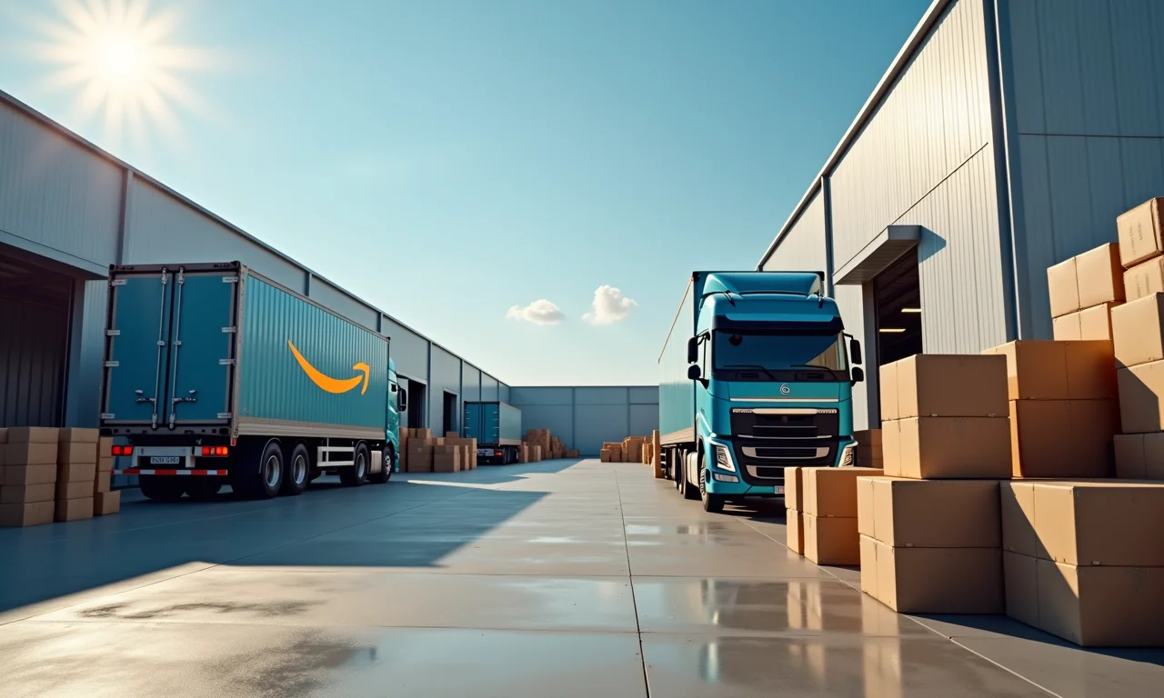 Infraestrutura logística da Amazon com caminhões Prime.