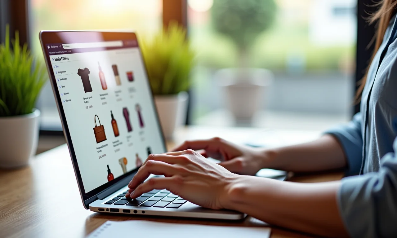 Interface de loja online em laptop, demonstrando categorias de produtos elegíveis ao Simples Nacional.