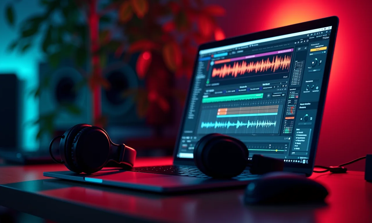 Interface de software de edição de áudio em laptop com fones.