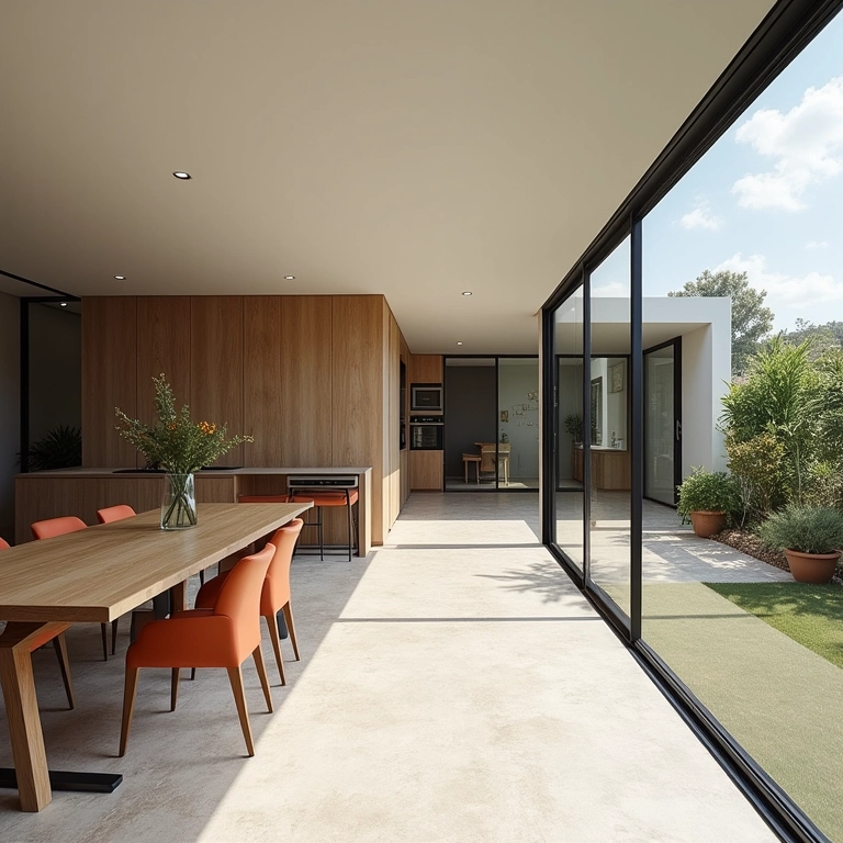 Interior de casa moderna em SP, com design minimalista e luz natural.