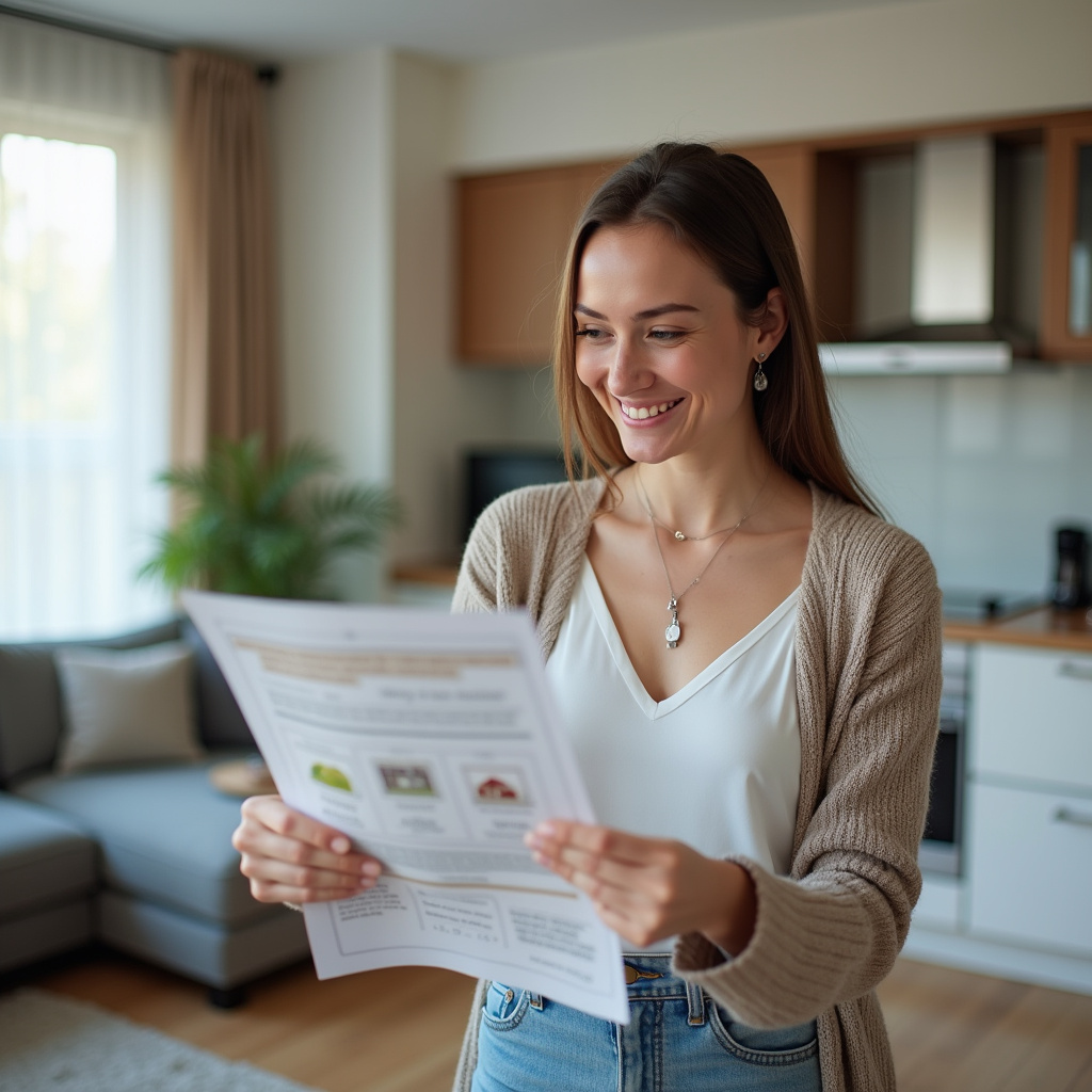 Investing in compact apartments in BC, smiling woman reviewing property details, bright modern Mulher sorrindo analisando investimento em apartamento compacto em BC.
