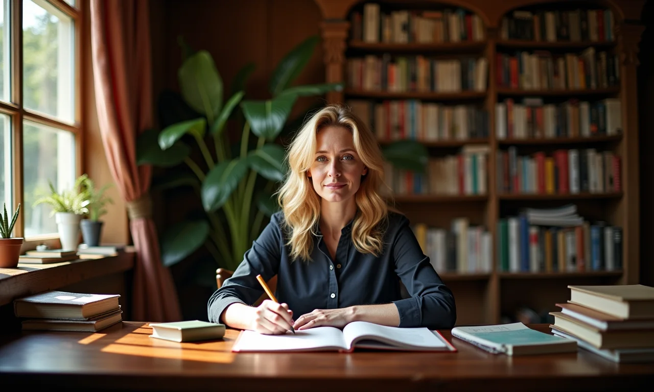 J.K. Rowling escrevendo em um escritório aconchegante com decoração brasileira e luz natural.