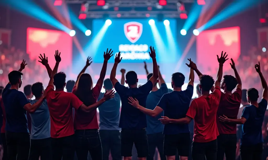 Patrocínio E-sports em SP Conecte Sua Marca Jogadores de e-sports comemorando vitória em arena moderna em SP.