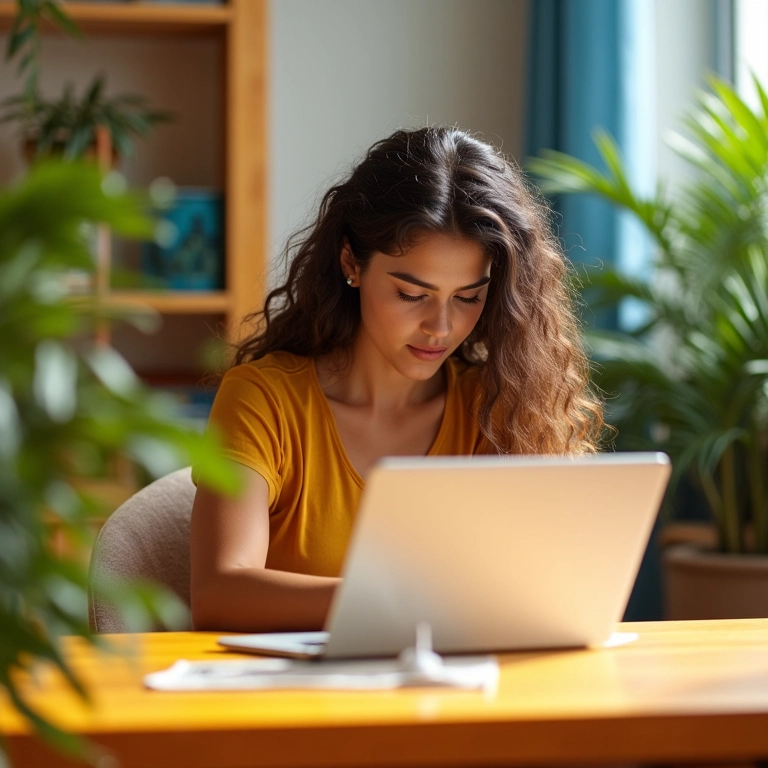 Jovem brasileira redigindo testamento particular no laptop.