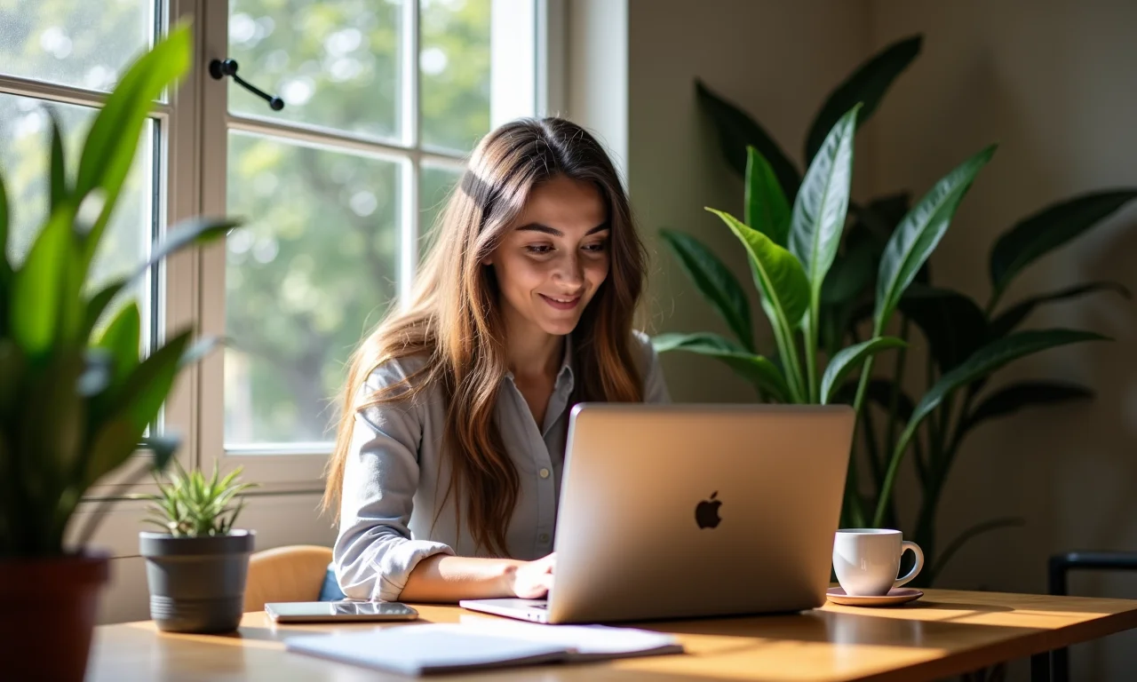 Jovem profissional trabalhando remotamente em apartamento vibrante em São Paulo.