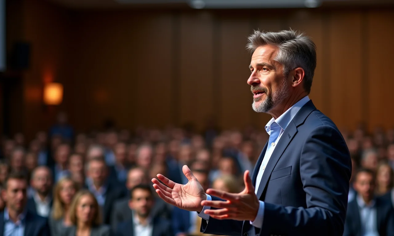 Líder carismático discursando em conferência com plateia diversa.