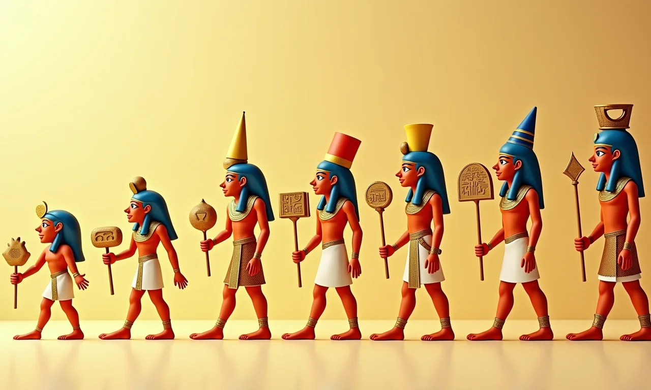 Linha do tempo mostrando a evolução dos hieróglifos egípcios para os emojis modernos.