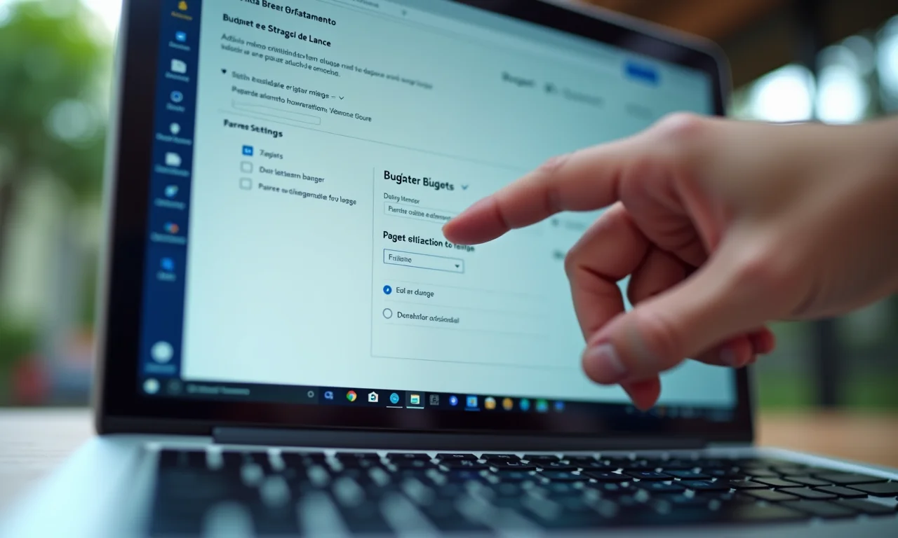 Mão ajustando orçamento em interface de gerenciamento de anúncios no laptop.
