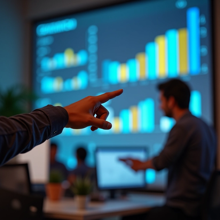 Mão apontando para a margem de lucro operacional em um gráfico projetado em um coworking.