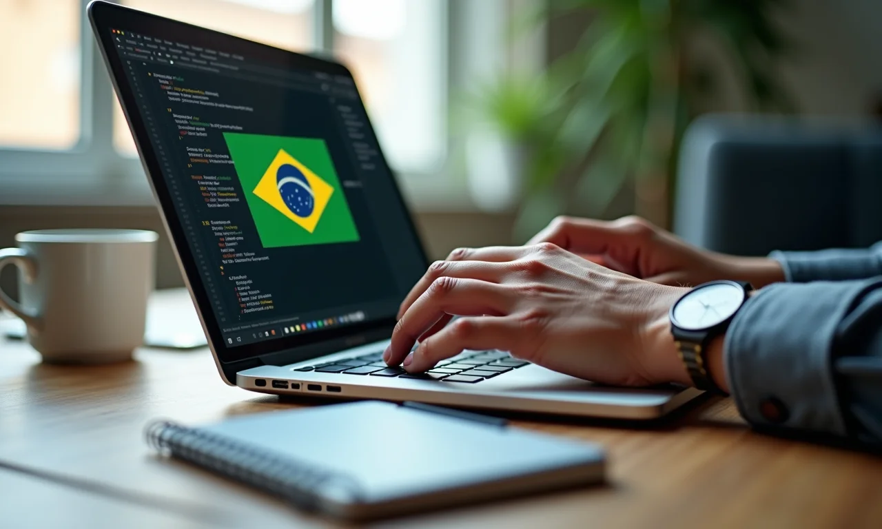 Mão digitando palavras-chave SEO em laptop com adesivo da bandeira do Brasil.