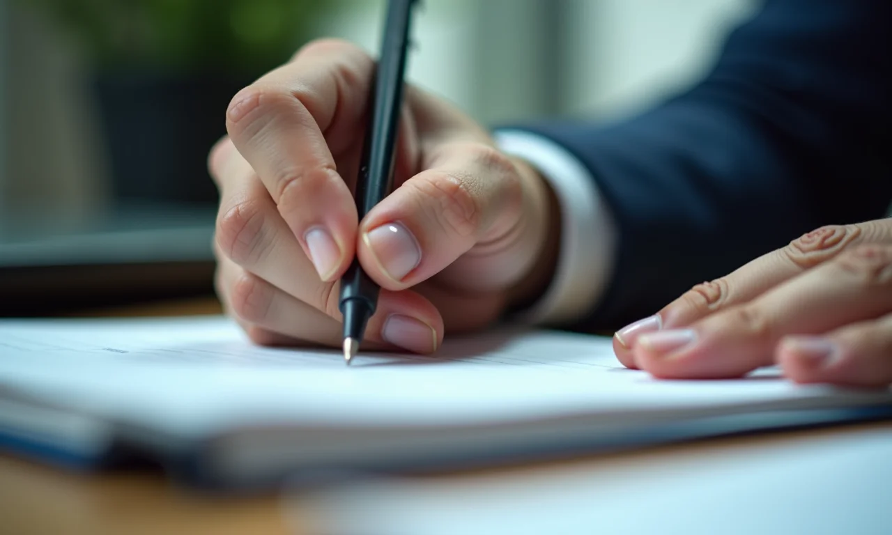 Mão documentando incidentes em caderno, escritório em SP. Prova de assédio.