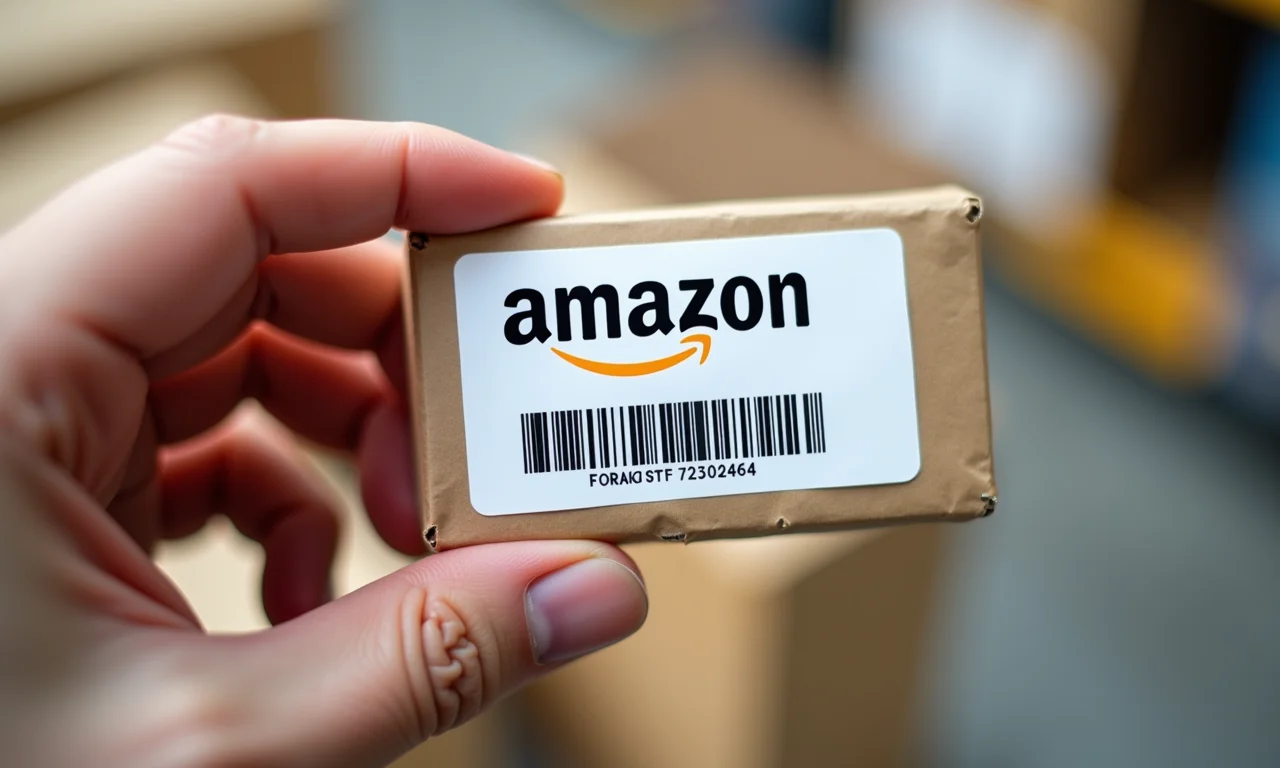 Mão segurando produto com etiqueta de código de barras da Amazon.