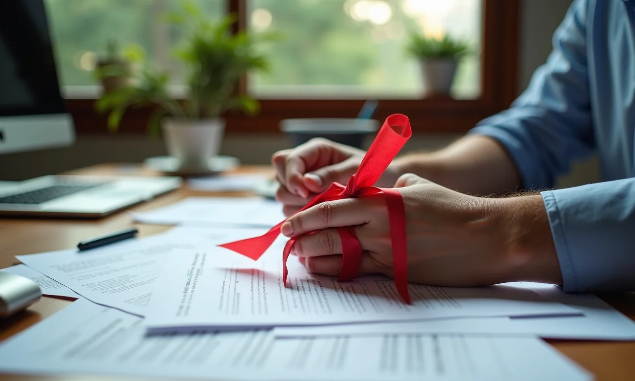 Mãos amarradas com burocracia sobre mesa cheia de tarefas pendentes.