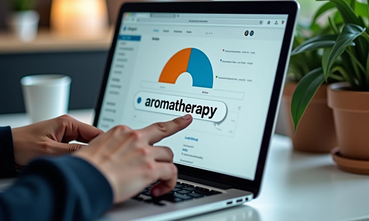 Mãos digitando 'aromaterapia' em busca online, com dashboard de análise de dados ao fundo.