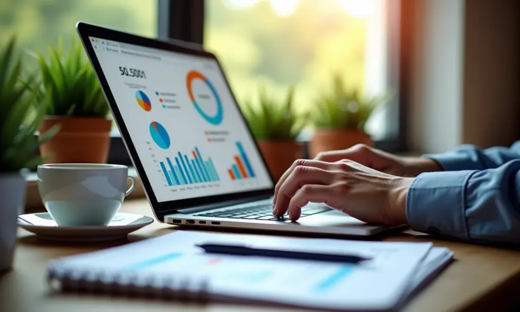 Porque O Marketing de Conteúdo É Crucial Para Seu Negócio Mãos digitando em laptop com ferramentas de marketing de conteúdo e dados.