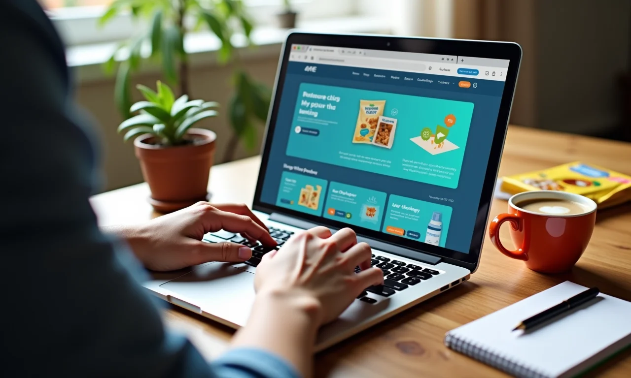 Mãos digitando em um laptop com anúncios de marketing digital.