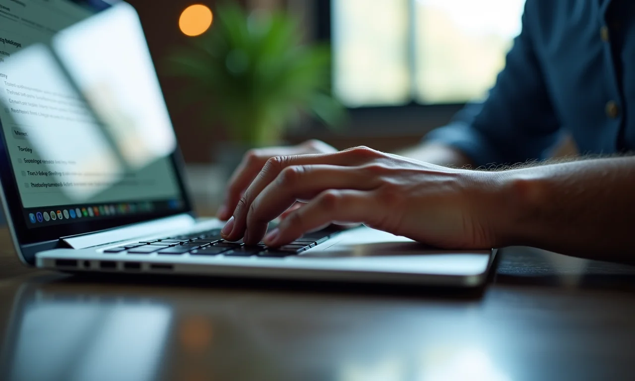 Mãos digitando em um laptop, com foco nas configurações de privacidade. Dicas práticas para garantir a privacidade de dados.