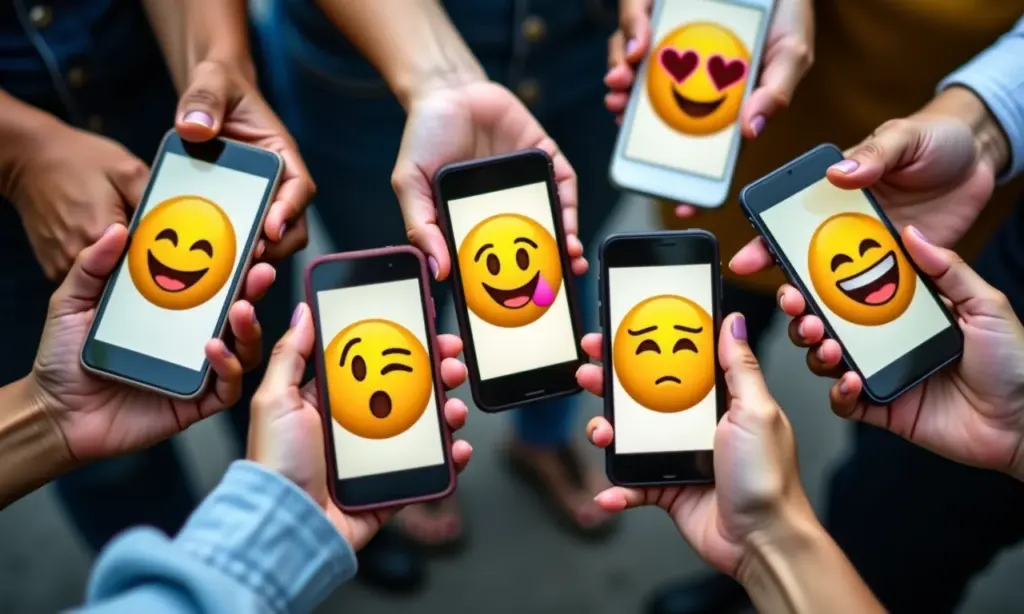 Curiosidades Uso de Emojis no Marketing Impacto e Boas Práticas Mãos diversas segurando smartphones com emojis, representando o impacto dos emojis na comunicação digital.