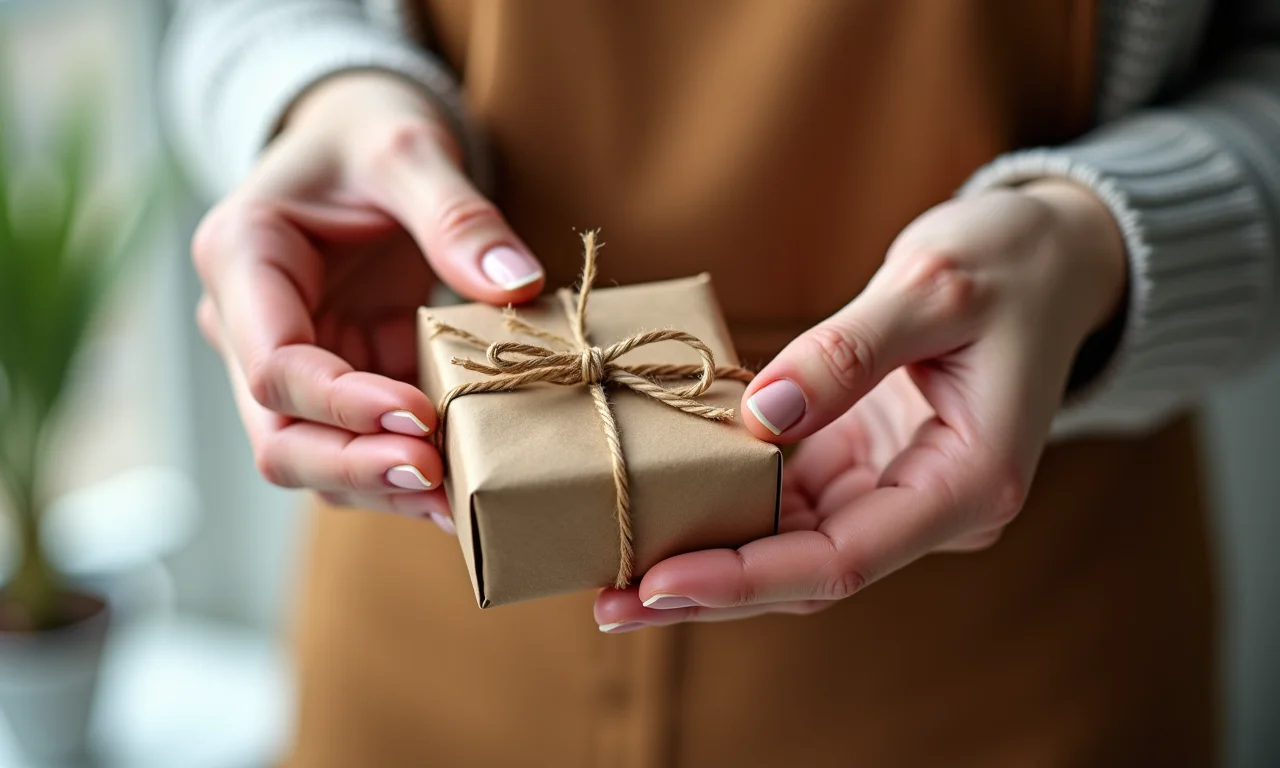 Mãos embalando produtos de aromaterapia em embalagem sustentável e elegante.