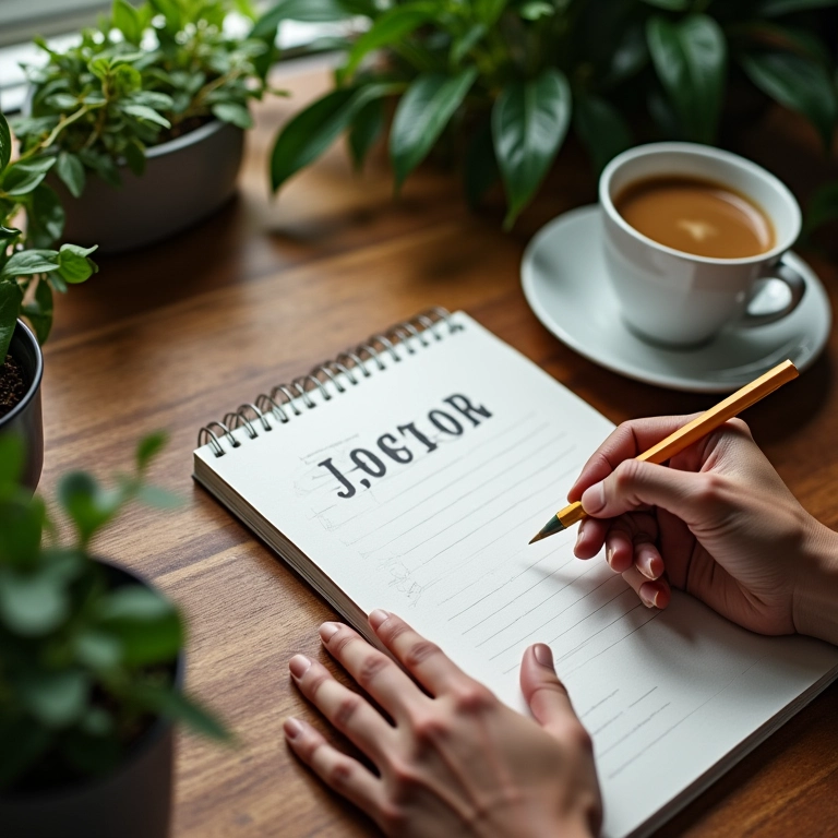 Mãos escrevendo em um diário sobre uma mesa de madeira com plantas e café.