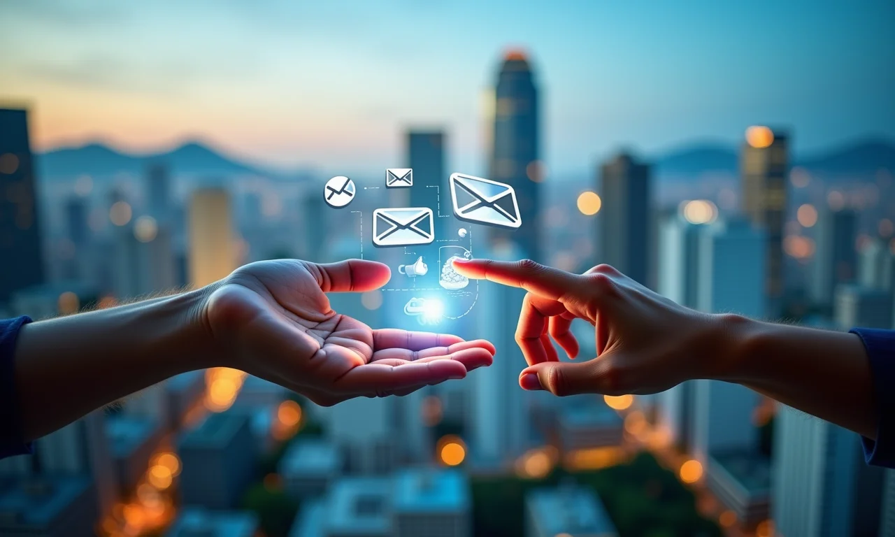 Mãos interagindo com CRM e email marketing sobre o skyline de SP, mostrando fontes de dados.