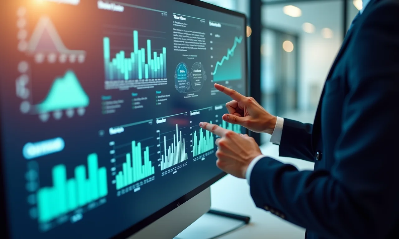 Mãos interagindo com painel de relatórios personalizáveis no GA4 em ambiente de trabalho moderno.