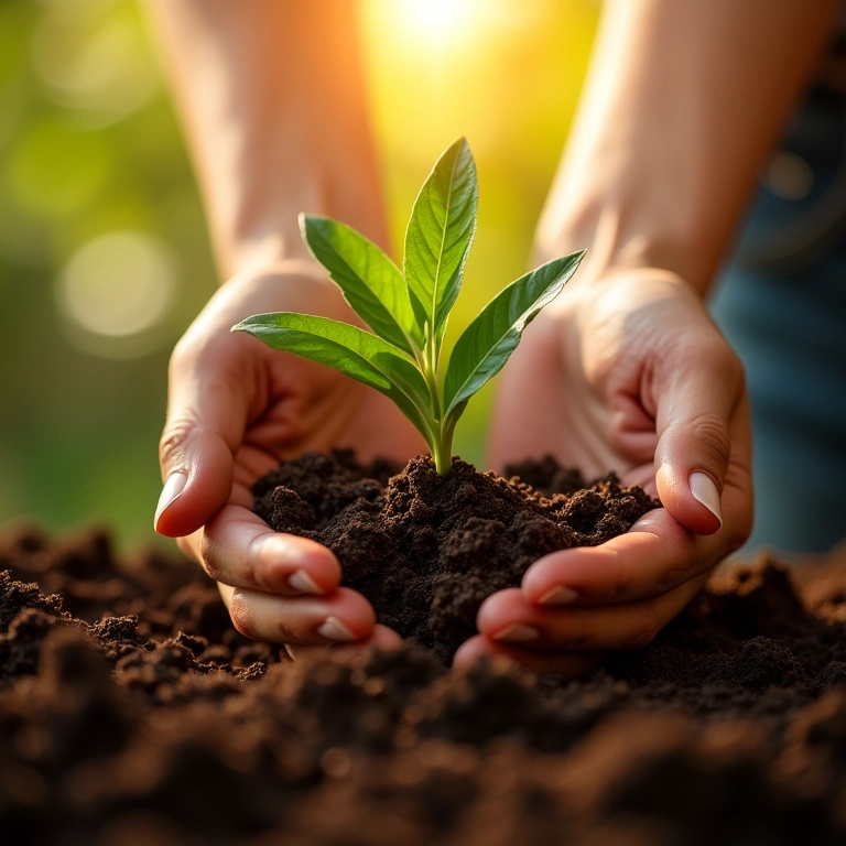 Mãos plantando sementes, simbolizando recomeço após imprevistos.