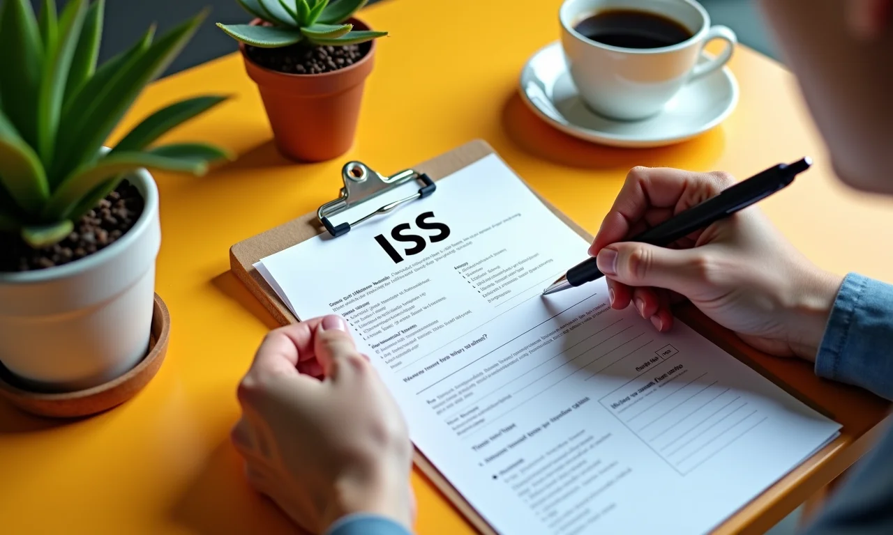 Mãos preenchendo formulário do ISS em mesa brasileira vibrante com café e suculentas.