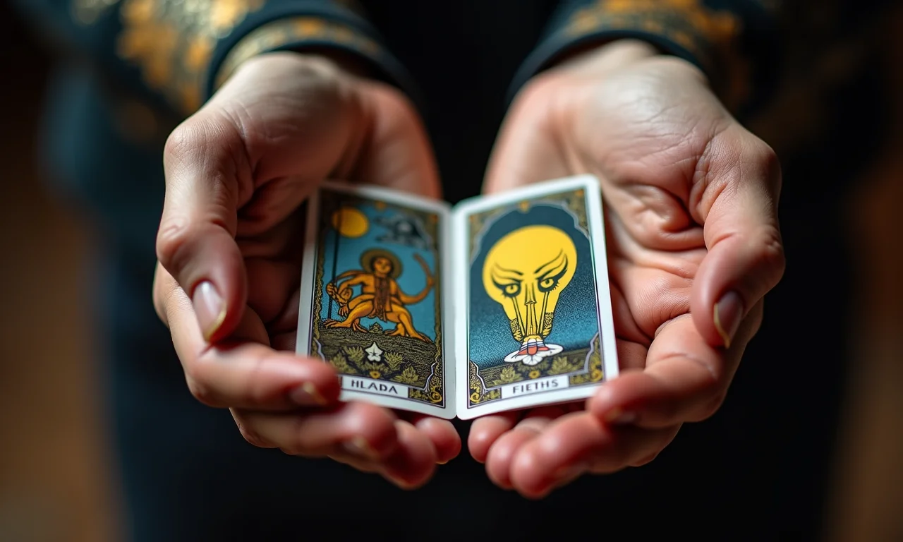 Mãos segurando cartas de tarô com desenhos intrincados e iluminação suave.
