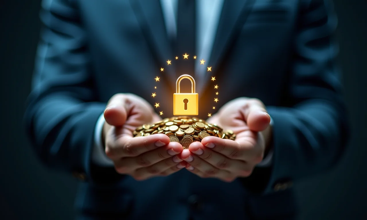 Mãos segurando chave digital abrindo cofre virtual com ativos digitais.