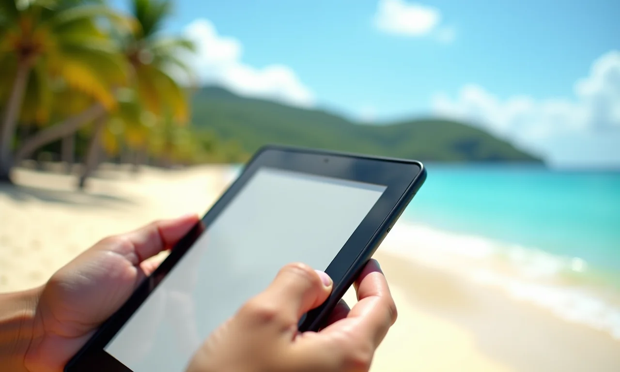 Mãos segurando e-reader com e-book em praia brasileira ensolarada.