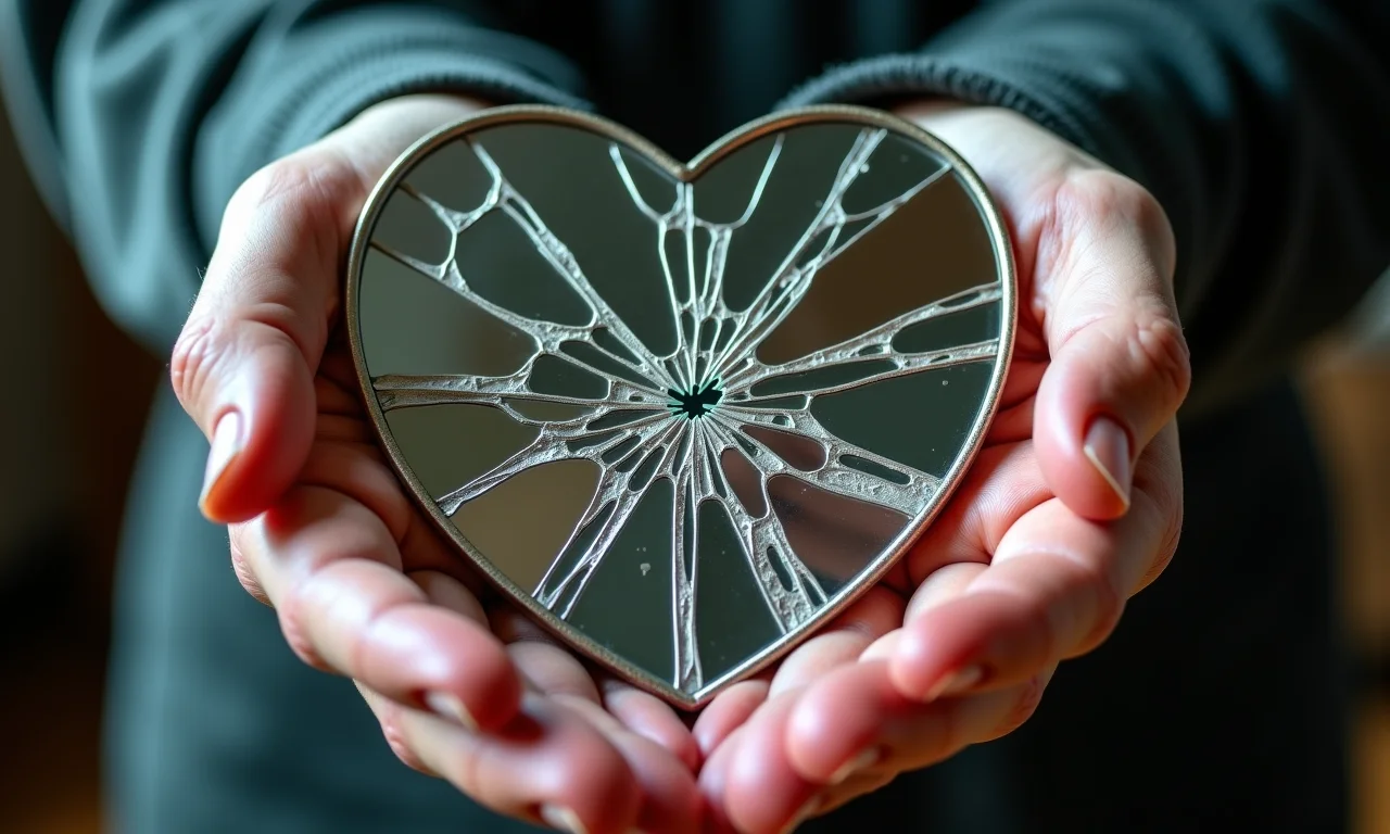 Mãos segurando espelho quebrado, refletindo fragmentos da autoimagem.