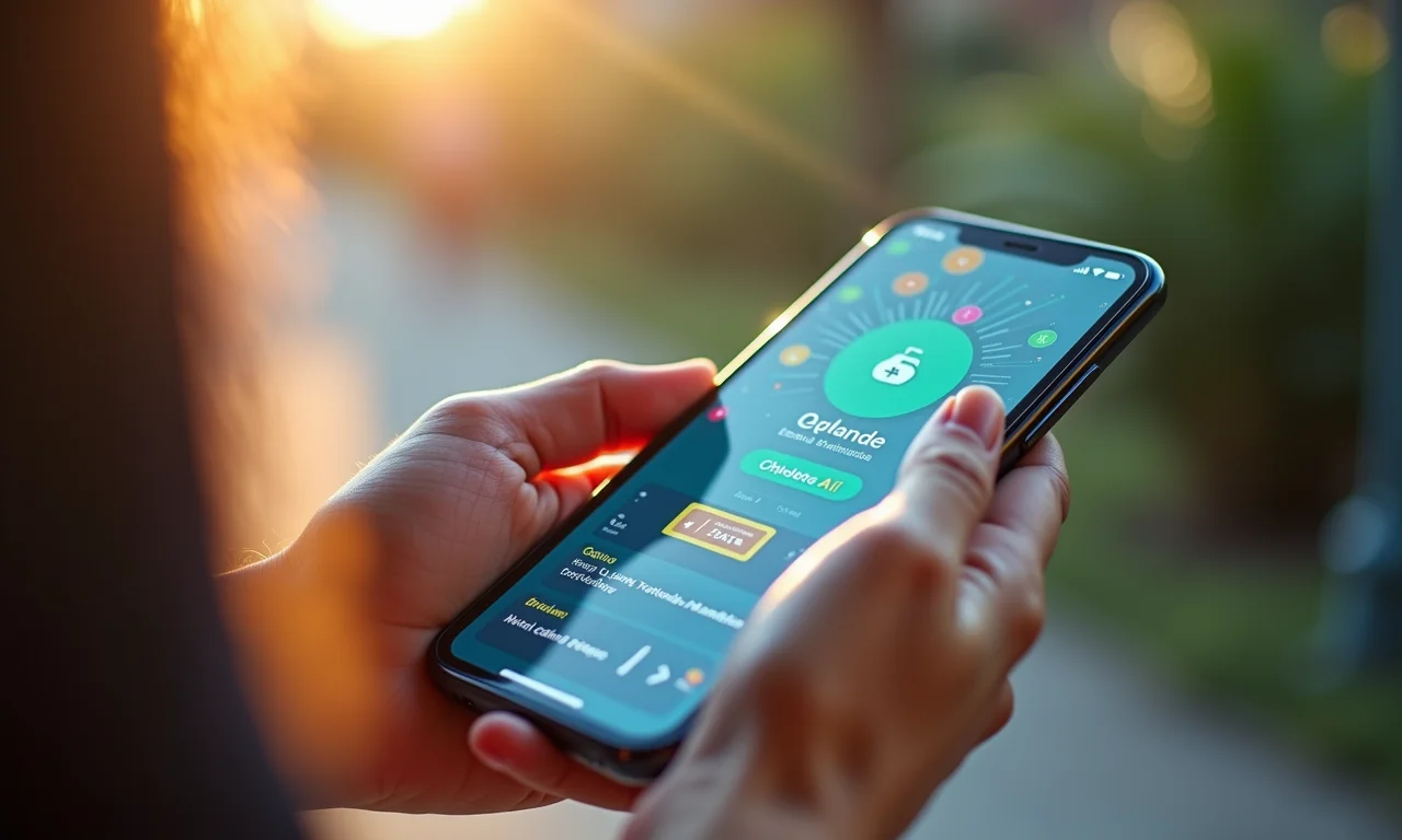 Mãos segurando smartphone com interface de personalização de quiz com elementos de IA.