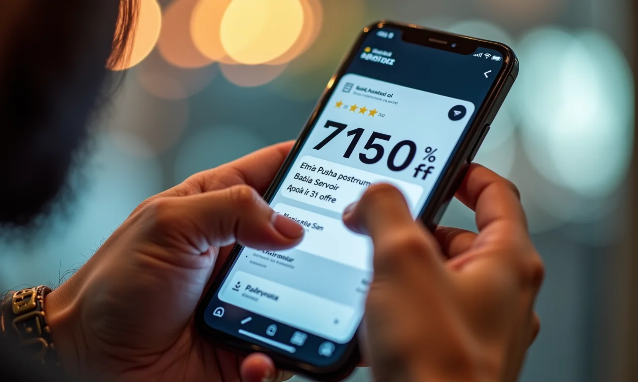 Mãos segurando smartphone com notificação push de oferta de e-commerce.