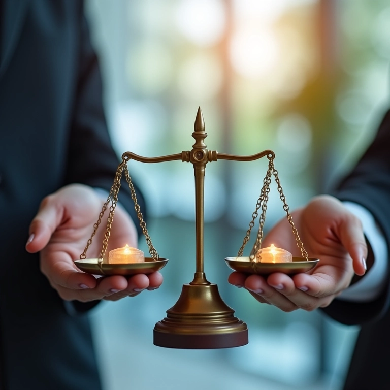 Mãos segurando uma balança equilibrando ativos e passivos, com ROA destacado em display digital.