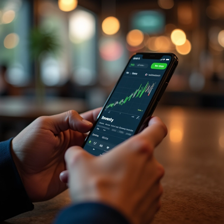 Mãos usando um aplicativo de smartphone para investir na bolsa de valores, em um café em São Paulo.
