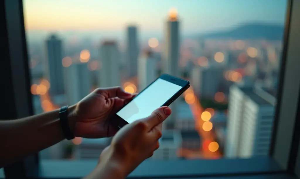 Testes de Aplicativos em SP Garanta a Qualidade Mãos utilizando app em São Paulo, foco na tela.