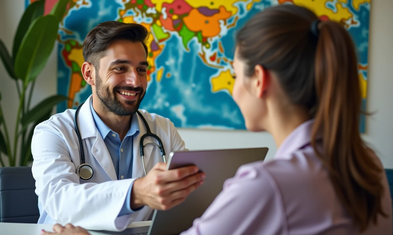 Médico interagindo com paciente em teleconsulta, com decoração brasileira vibrante ao fundo, enfatizando o foco no paciente na healthtech.