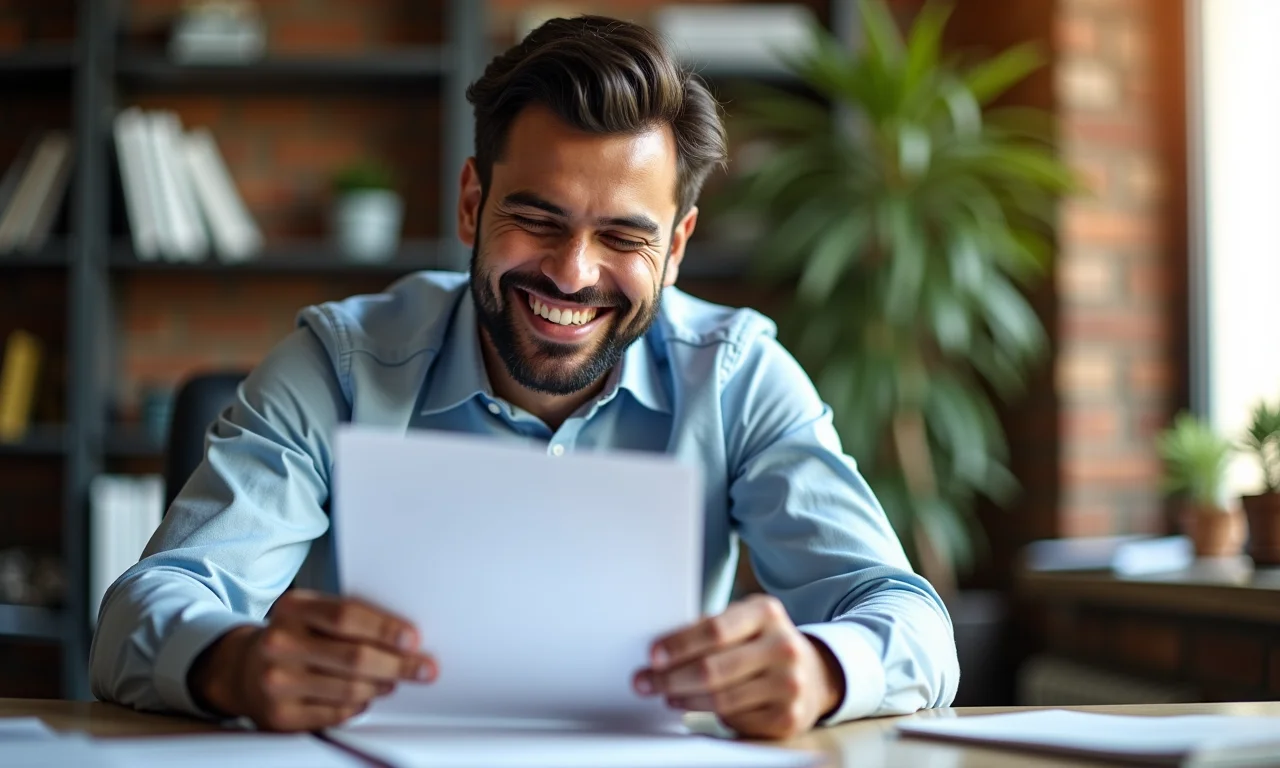 MEI sorrindo ao analisar sua apólice de seguro de vida.