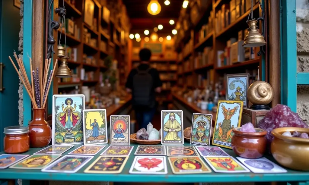 Explorando o Misterioso Mercado de Produtos Esotericos Online Mercado de rua vibrante no Brasil repleto de produtos esotéricos como tarô, cristais, incenso e velas.