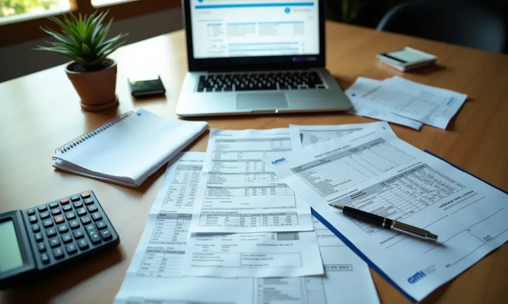 Quais Impostos Incidem Sobre as Vendas do Seu Ecommerce Mesa de escritório brasileira moderna com recibos, calculadora e laptop mostrando relatórios fiscais.