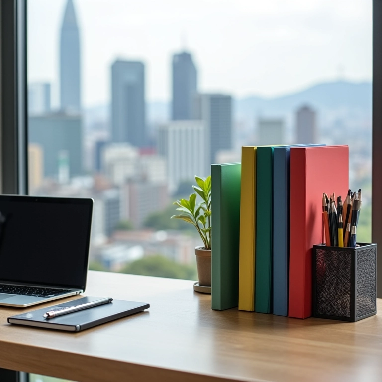 Mesa de home office organizada com materiais coloridos e planta em São Paulo.