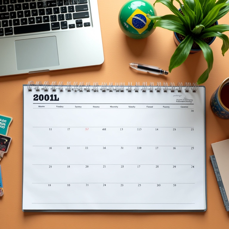 Crie um Calendário Para Redes Sociais em 3 Passos Simples Mesa de trabalho organizada com calendário, planejador e laptop, decoração brasileira vibrante.